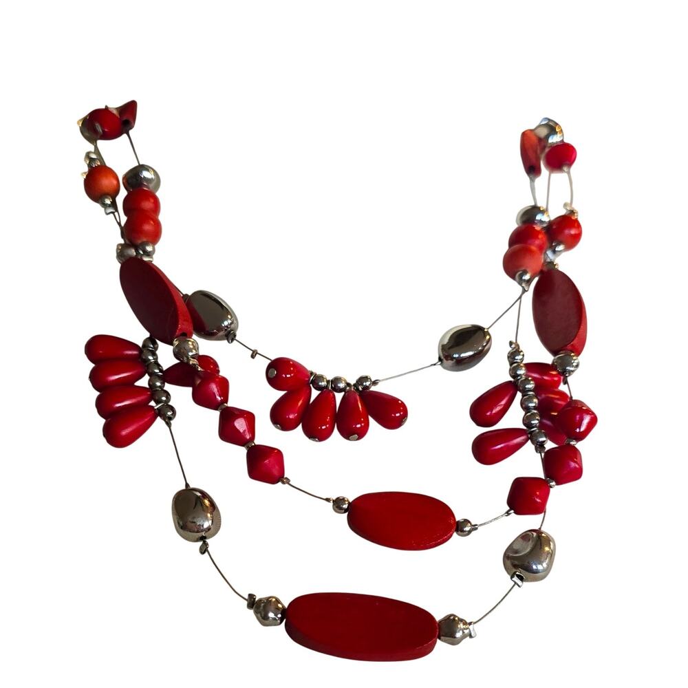 Chico's Necklace Chicos Red Wood Beaded Layered Statement Collar 18" SKU2972